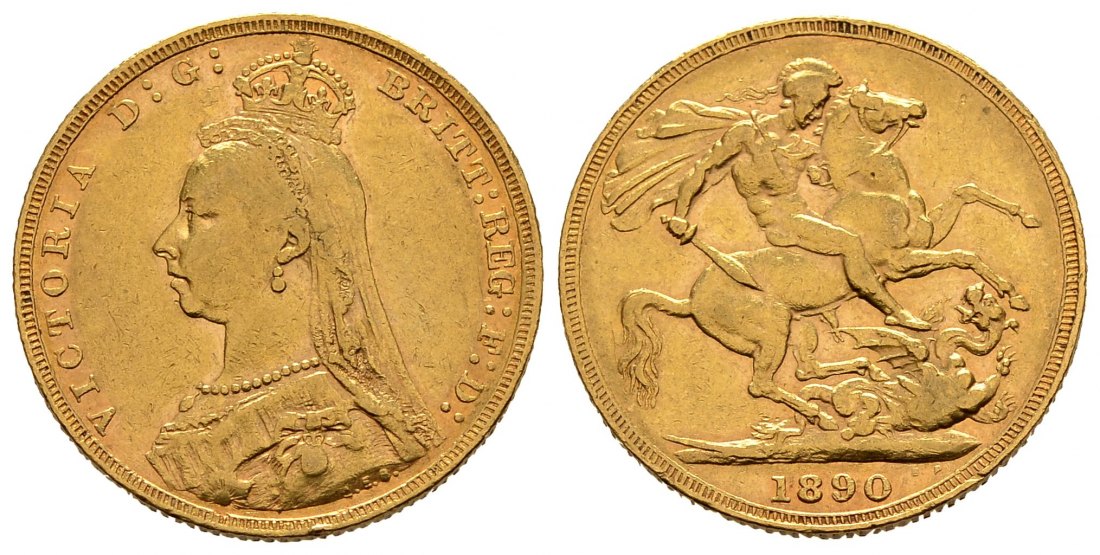 PEUS 2346 Grossbritannien 7,32 g Feingold. Victoria (1837 - 1901) Jubiläumsbüste mit Witwenschleier Sovereign GOLD 1890 Sehr schön