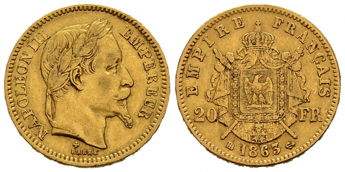 PEUS 2348 Frankreich 5,81 g Feingold. Napoleon III. (1852-1870) 20 Francs GOLD 1863 BB Sehr schön