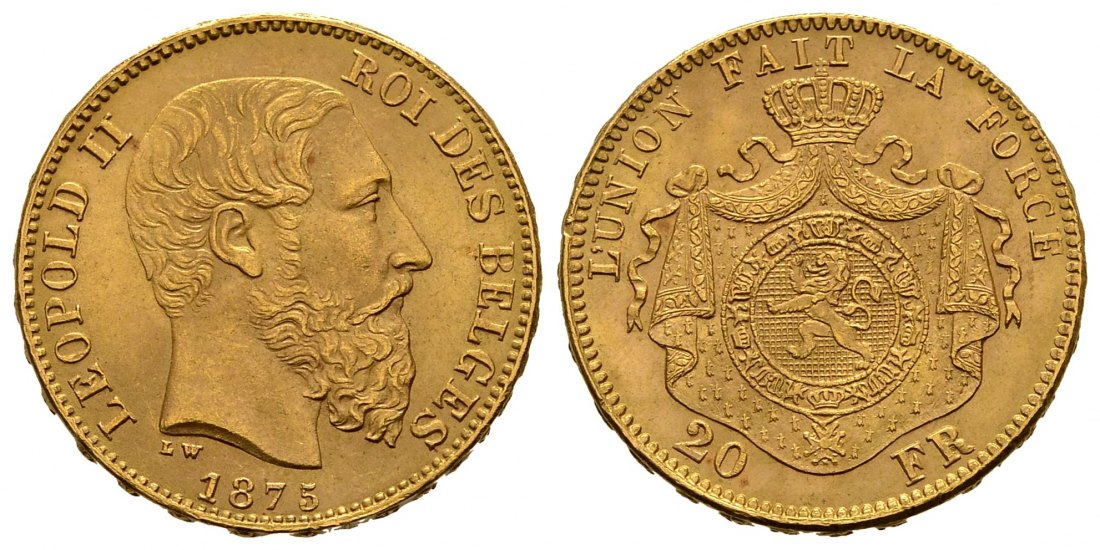 PEUS 2350 Belgien 5,81 g Feingold. Leopold II. (1865-1909) 20 Francs GOLD 1875 Kl. Kratzer, Vorzüglich / fast Stempelgn