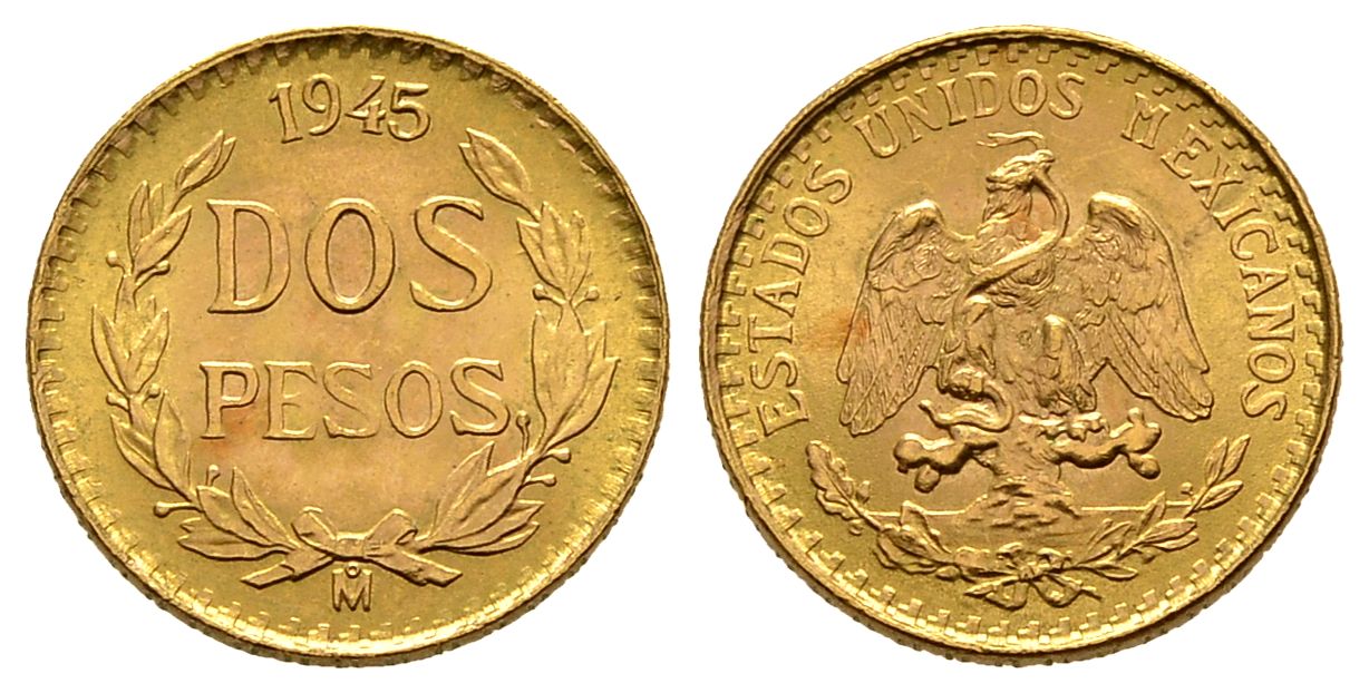 PEUS 2351 Mexiko 1,5 g Feingold 2 Pesos GOLD 1945 M Fast Stempelglanz