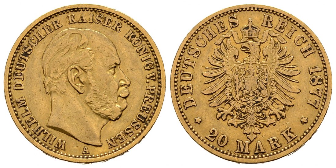 PEUS 2354 Preußen - Kaiserreich 7,16 g Feingold. Wilhelm I. (1861 - 1888) 20 Mark Gold 1877 A Sehr schön