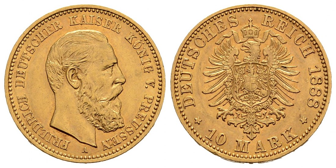 PEUS 2355 Kaiserreich - Preußen 3,58 g Feingold. Friedrich III. (09.03.- 15.06.1888) 10 Mark GOLD 1888 A Kratzer, Fast Vorzüglich