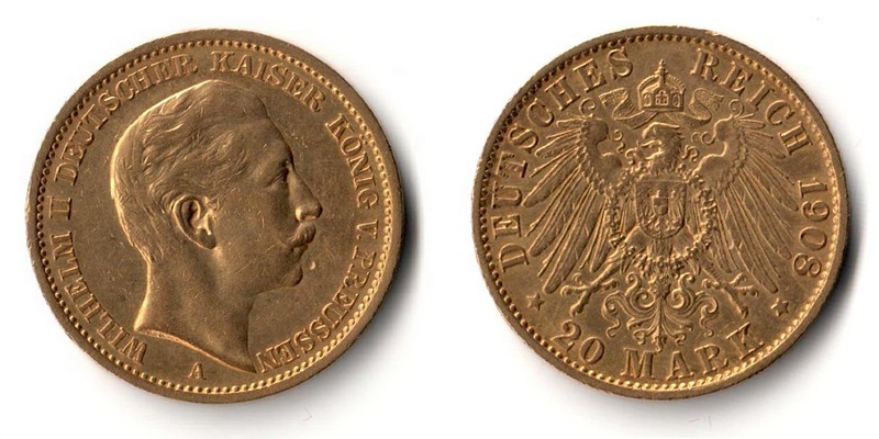 Preussen, Kaiserreich  20 Mark  1908 A MM-Frankfurt Feingold: 7,17g Wilhelm II. 1888-1918  