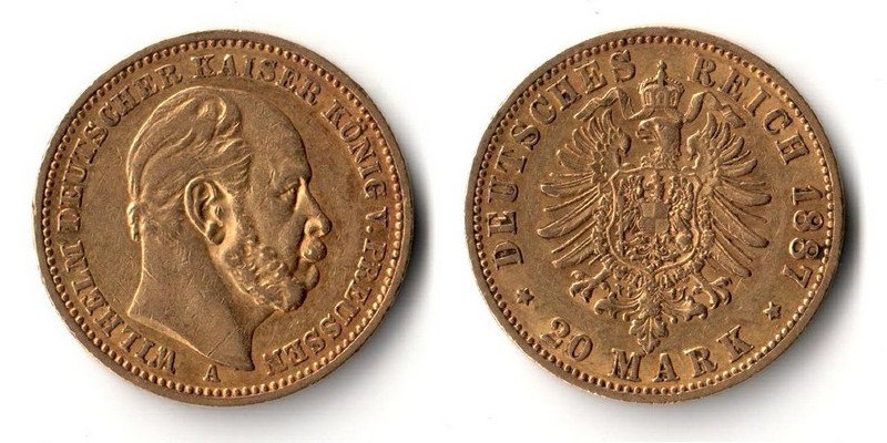 Preussen, Kaiserreich  1887 A  20 Mark MM-Frankfurt Feingold: 7,17g Wilhelm I. 1861-1988  