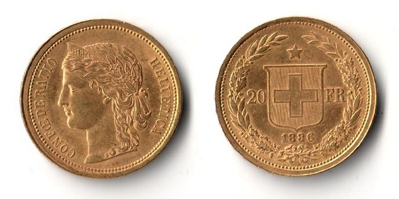 Schweiz  20 sFR  1886 MM-Frankfurt Feingold: 5,81g Helvetia  
