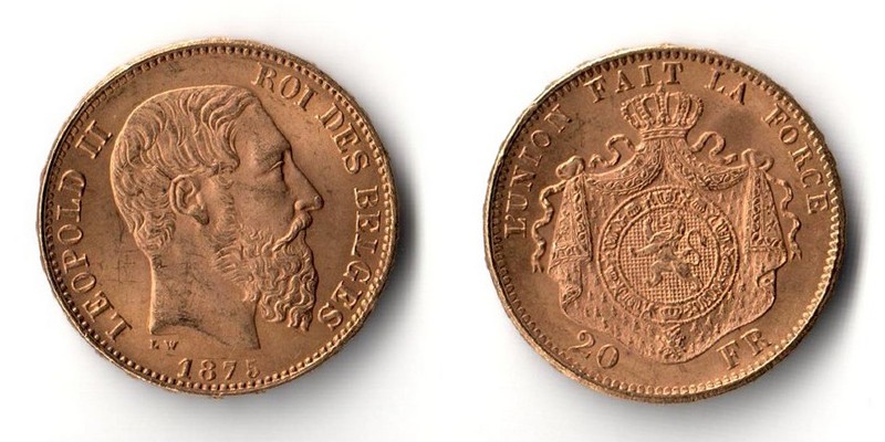 Belgien  20 Francs  1875 MM-Frankfurt Feingold: 5,81g Leopold II. 1865-1909  