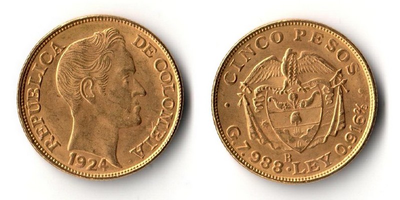 Kolumbien  5 Pesos  1924 MM-Frankfurt   Feingold: 7,32g Simon Bolivar  