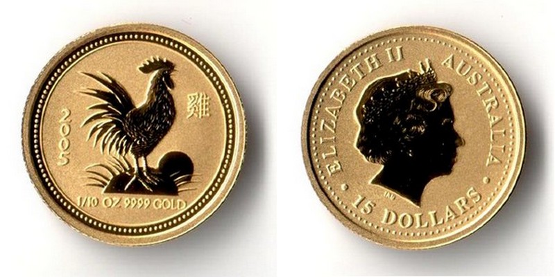 Australien  15 Dollar  2005 MM-Frankfurt Feingold: 3,11g Jahr des Hahn's  