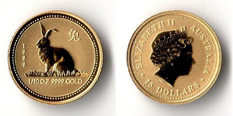 Australien  15 Dollar  1999 MM-Frankfurt Feingold: 3,11g Jahr des Kaninchens  