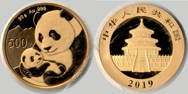 China  500 Yuan  2019 MM-Frankfurt Feingold: 30g Panda mit Kind  