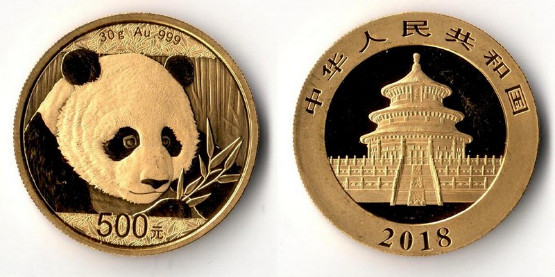 China  500 Yuan  2018 MM-Frankfurt Feingold: 30g Panda mit Bambus  