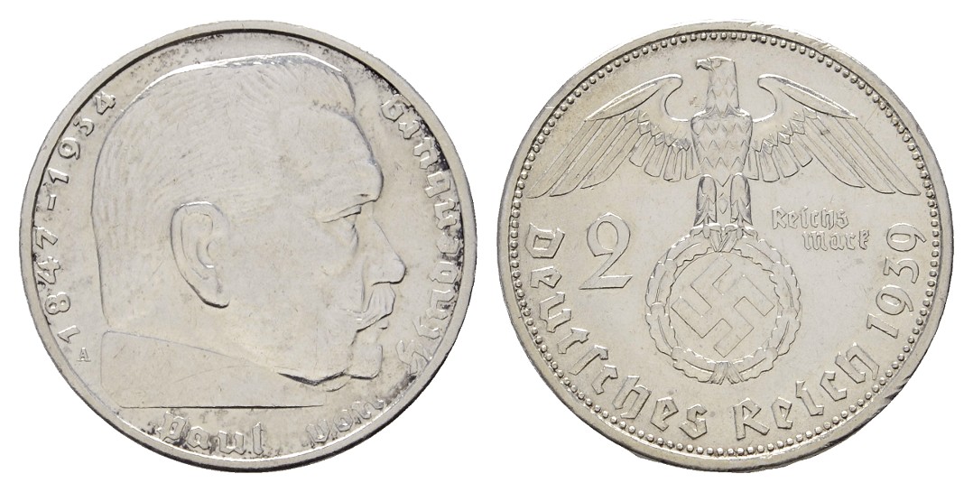  III. Reich 2 Reichsmark 1939 A Hindenburg ss-vz   