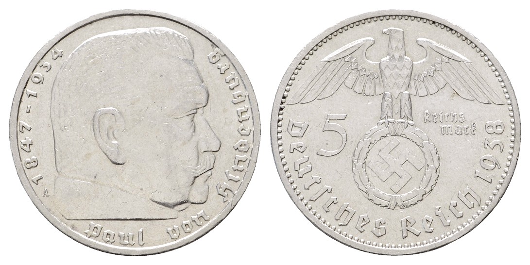 III. Reich 5 Reichsmark 1938 A Hindenburg   