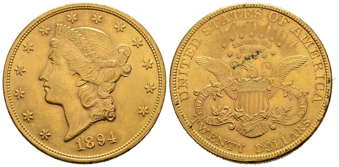 PEUS 2360 USA 30,1 g Feingold. Coronet Head 20 Dollars GOLD 1894 Kl. Kratzer, Sehr schön +