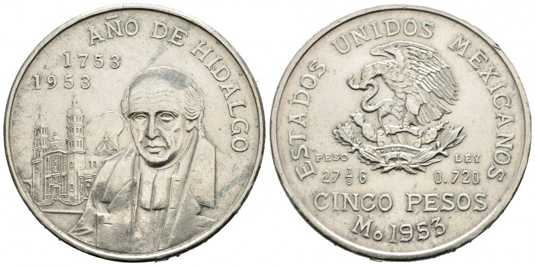 PEUS 2362 Mexiko 20 g Feinsilber. Hidalgo 5 Pesos SILBER 1953 Sehr schön
