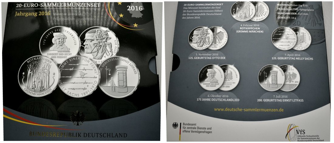 PEUS 2365 BRD Insg. 100,00 Euro bzw. 90 g Feinsilber. In Originalverpackung 20 Euro Gedenkmünzen-Lot (5 Münzen) 2016 Spiegelglanz