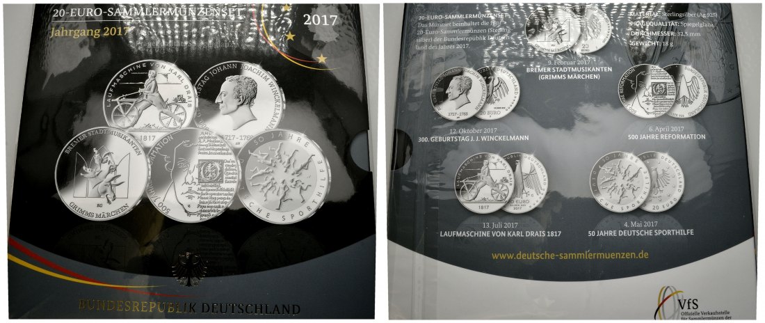 PEUS 2366 BRD Insg. 100,00 Euro bzw. 90 g Feinsilber. In Originalverpackung 20 Euro Gedenkmünzen-Lot (5 Münzen) 2017 Spiegelglanz