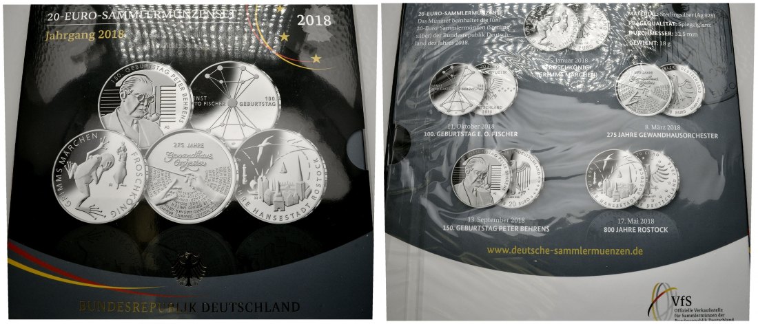 PEUS 2367 BRD Insg. 100,00 Euro bzw. 90 g Feinsilber. In Originalverpackung 20 Euro Gedenkmünzen-Lot (5 Münzen) 2018 Spiegelglanz
