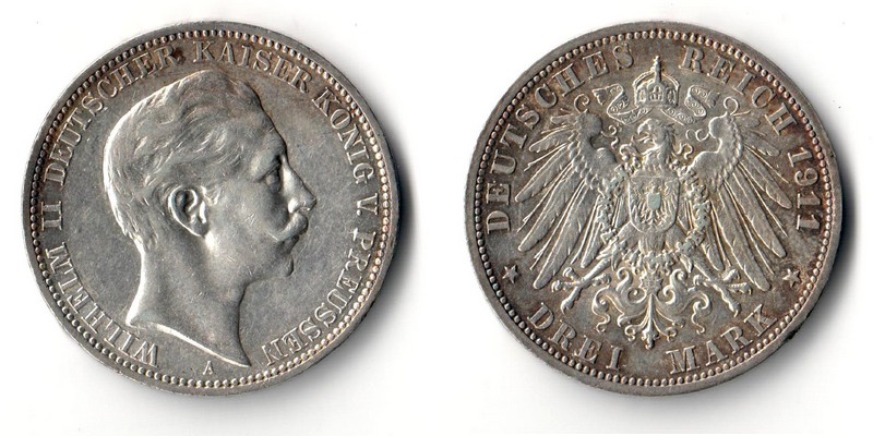 Preussen, Kaiserreich  3 Mark  1911 A  Wilhelm II. 1888-1918   FM-Frankfurt  Feinsilber: 15g   