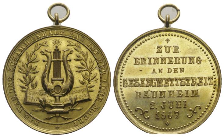  Räunheim; tragbare Medaille 1907;Gesangswettstreit Messing verg.; 21,52 g, Ø 39 mm   