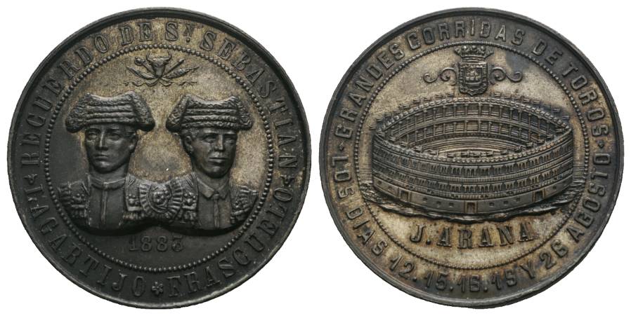  Spanien, Torreros LAGARTIJO u. FRASCUELO, J. ARANA; Medaille 1883 versilbert; 23,77 g, Ø 37   