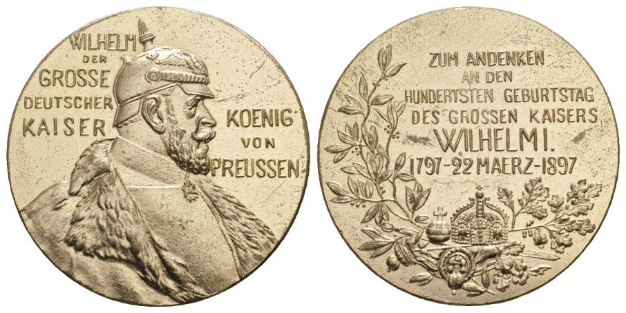  Preußen, Wilhelm I, 100. Geburtstag; Bronzemedaille 1897 vergoldet; 29,54 g, Ø 39 mm   