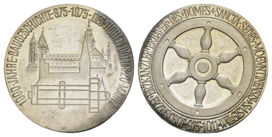  Mainz, 100 Jahre Baugeschichte 975-1975 des hohen Domes; versilberte Medaille; 13,91 g, Ø 29 mm   