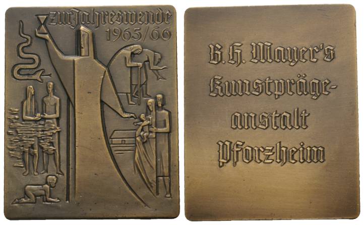  Pforzheim; zur Jahreswende 1965/66 - Mayer's Kunstprägeanstalt; Plakette Bronze; 38,64 g, 49x39 mm   