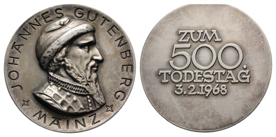  Mainz, Johannes Gutenberg zum 500. Todestag 3.2.1968; versilberte Medaille; 56,4 g Ø 50 mm   