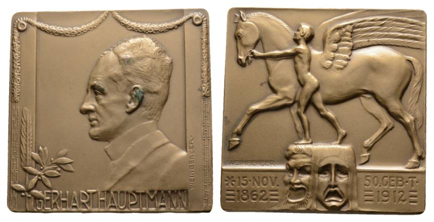  Gerhard Hauptmann, 50. Geburtstag 1912; Bronzeplakette; 78,09 g,  50 x 50 mm   