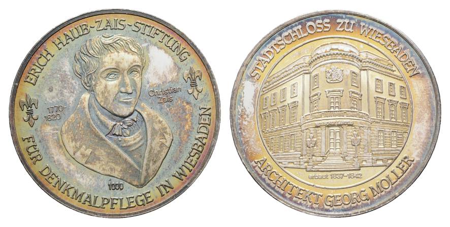  Wiesbaden, Denkmalpflege  o.J., Silbermedaille 1000 AG, 14,87 g, Ø 35 mm   