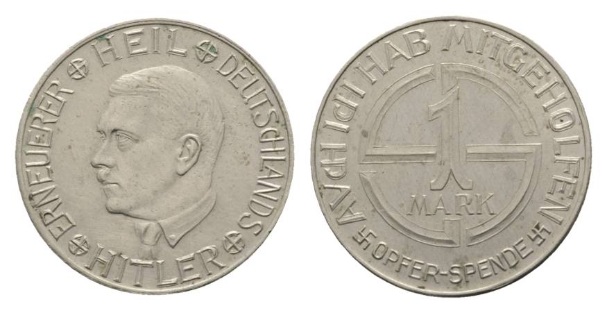  Deutsches Reich, Opferspende o.J., 1 Mark, unedles Metall; 5,83g, Ø 26 mm   