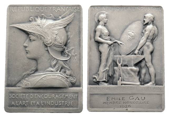  Frankreich, Bronzeplakette versilbert 1928; 74,01 g, 59 x 42 mm   