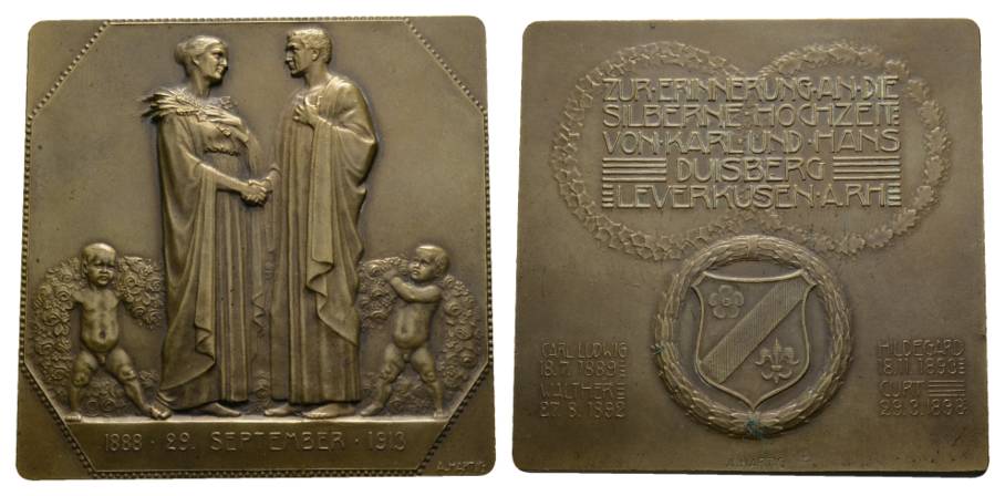  Leverkusen, Messingplakette 1913, Silberhochzeit;  193,77 g, 75 x 75 mm   