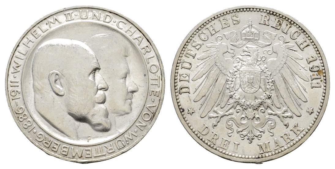  Linnartz Württemberg Wilhelm II. 3 Mark 1911 F Silberhochzeit f.stgl/stgl   