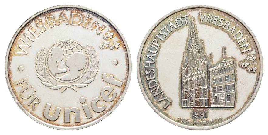  Wiesbaden; Für Unicef Silbermedaille 1991, 1 OZ 999 AG; 31,43 g, Ø 39 mm   