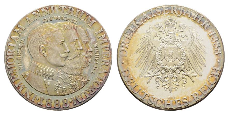  Deutsches Reich; Drei Kaiserjahre, Silbermedaille 1888; 999 AG; 21,58 g, Ø 37 mm   