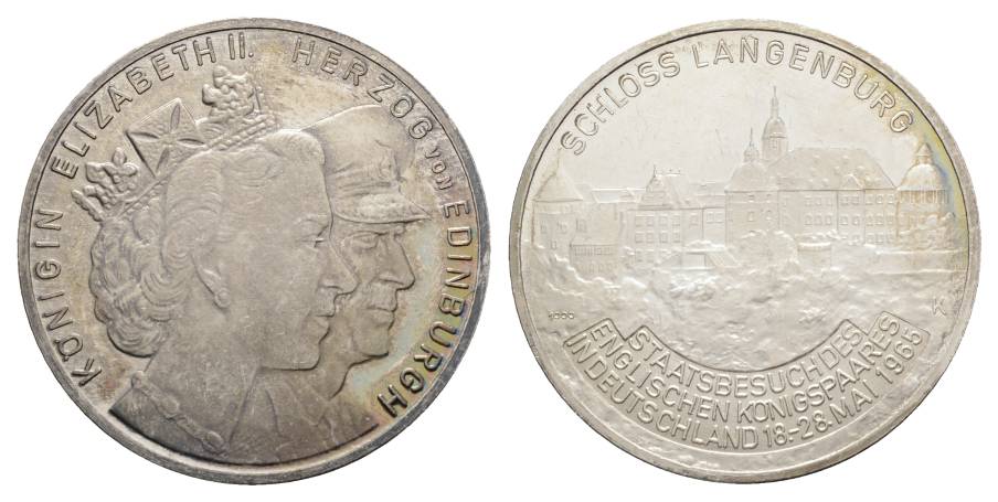  Schloss Langenburg; Engl. Staatsbesuch, Silbermedaille 1965; 1000 AG; 19,91 g, Ø 40 mm   