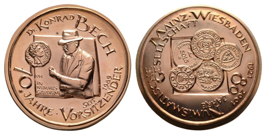  Mainz-Wiesbaden; Numismatische Gesellschaft, Bronzemedaille 2001; 39,63 g, Ø 43 mm   