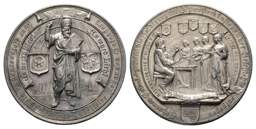  Johannes Gutenberg; 500 Jähriges Jubileum, Zinnmedaille 1900; 41,86 g, Ø 50 mm   