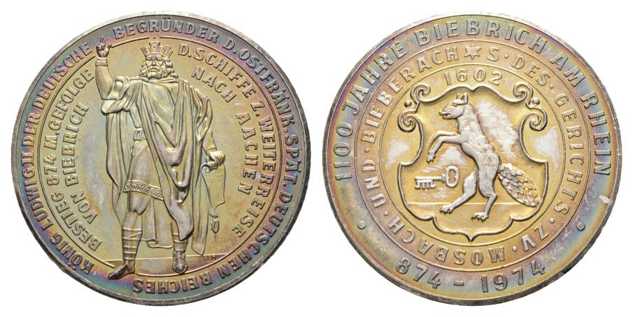 Biebrich a. Rhein; König Ludwig II, Silbermedaille 1974; 980 AG, 30,10 g, Ø 40 mm   