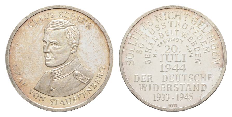  Graf von Stauffenberg; Der Deutsche Wiederstand, Silbermedaille 1944; 999 AG, 8,46 g, Ø 30 mm   