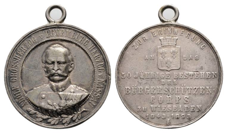  Wiesbaden; Bürgerschützencorps, tragbare Silbermedaille 1893; 22,04 g, Ø 39 mm   