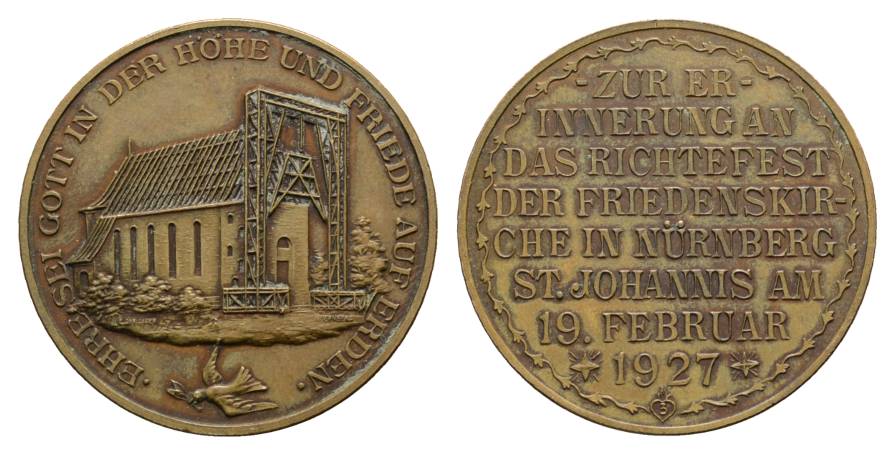  Nürnberg; Richtfest Friedenskirche, Bronzemedaille 1927; 18,47 g, Ø 33 mm   