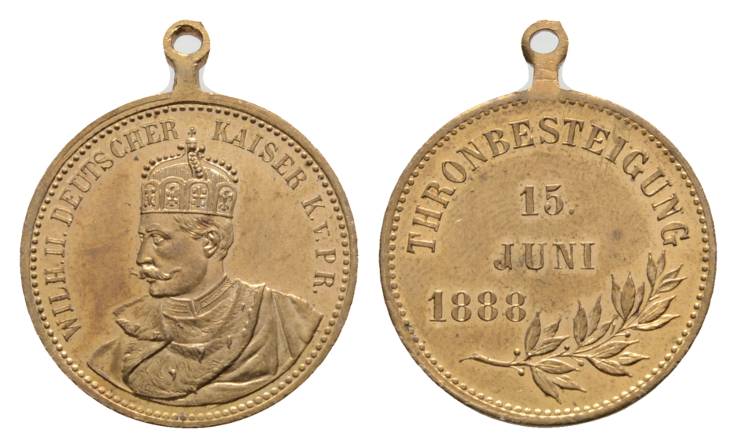  Preußen; vergoldete Medaille 1888 trabar; 6,14 g, Ø 25 mm   