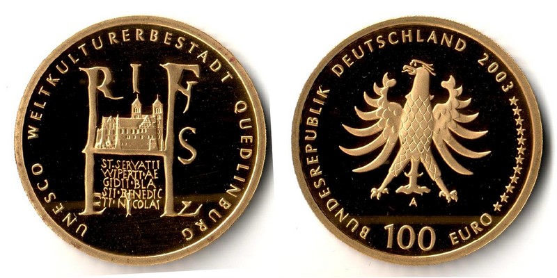 BRD  100 Euro  2003 A MM-Frankfurt  Feingold: 15,5g UNESCO Weltkulturerbe - Quedlinburg  