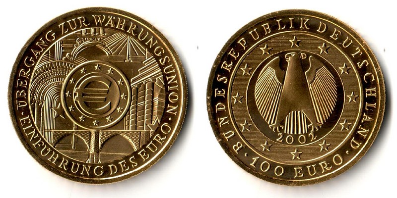 BRD  100 Euro  2002 D MM-Frankfurt  Feingold: 15,5g Einführung des Euro  