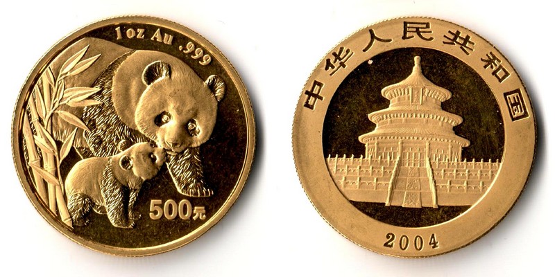 China  500 Yuan  2004 MM-Frankfurt Feingold: 31,1g Panda mit Kind  