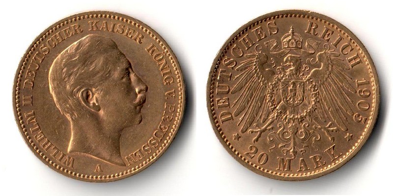 Preussen, Kaiserreich 20 Mark  1905 A MM-Frankfurt Feingold: 7,17g Wilhelm II. 1888-1918  