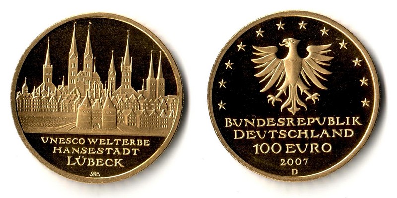 BRD  100 Euro  2007 D MM-Frankfurt  Feingold: 15,55g UNESCO Weltkulturerbe -Hansestadt Lübeck  